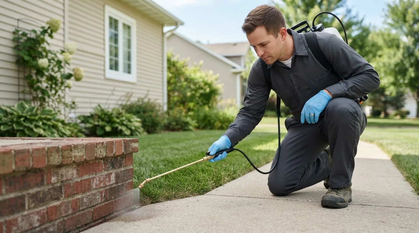 Pest control technician treating a home near North Liberty, IN