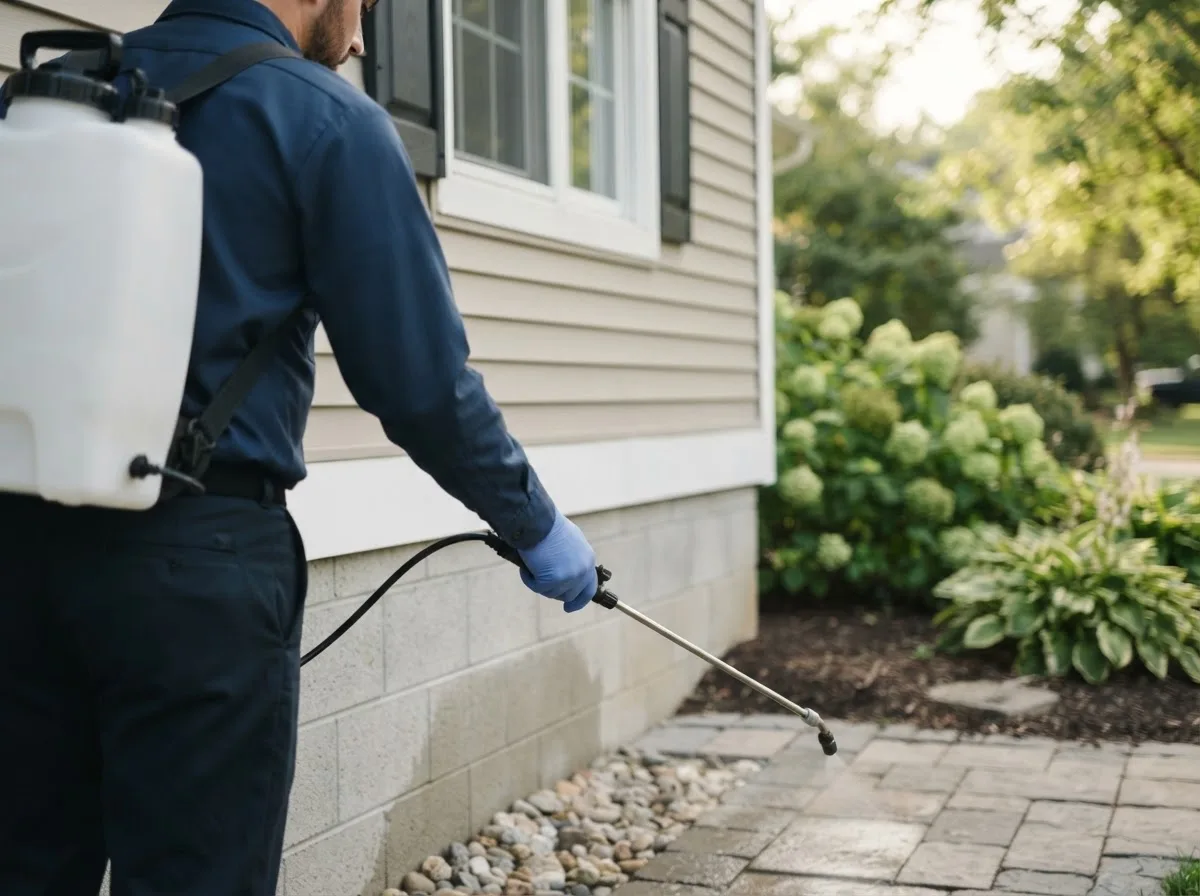 Pest control technician inspecting a home in North Liberty, IN
